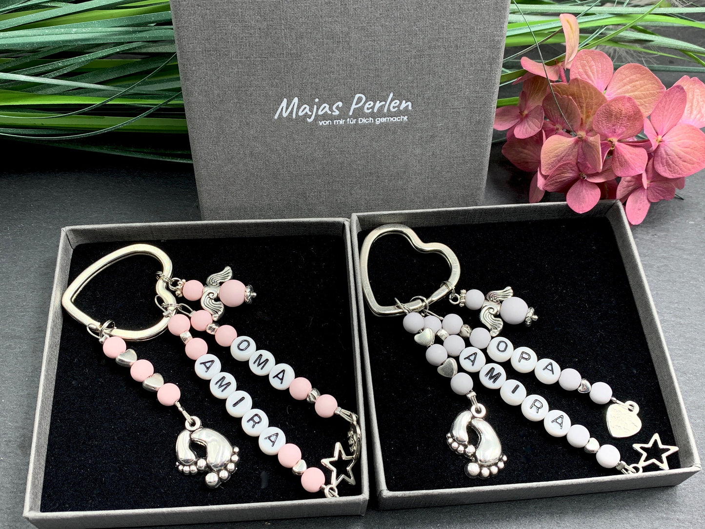 Schlüsselanhänger Oma Name Perlen Acryl Rosa - Geschenk Mutter Großmutter Geburt Liebe - personalisierbar - echte Edelsteine möglich