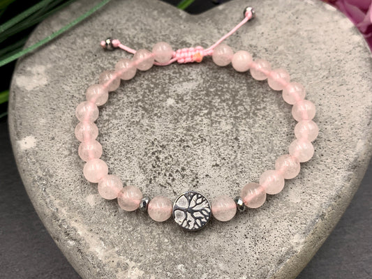 Armband Rosenquarz echt Lebensbaum Makramee - Hämatit Lebensbaum Silber - Perlenarmband Herzchakra - Geschenk Liebe Freundin Glück
