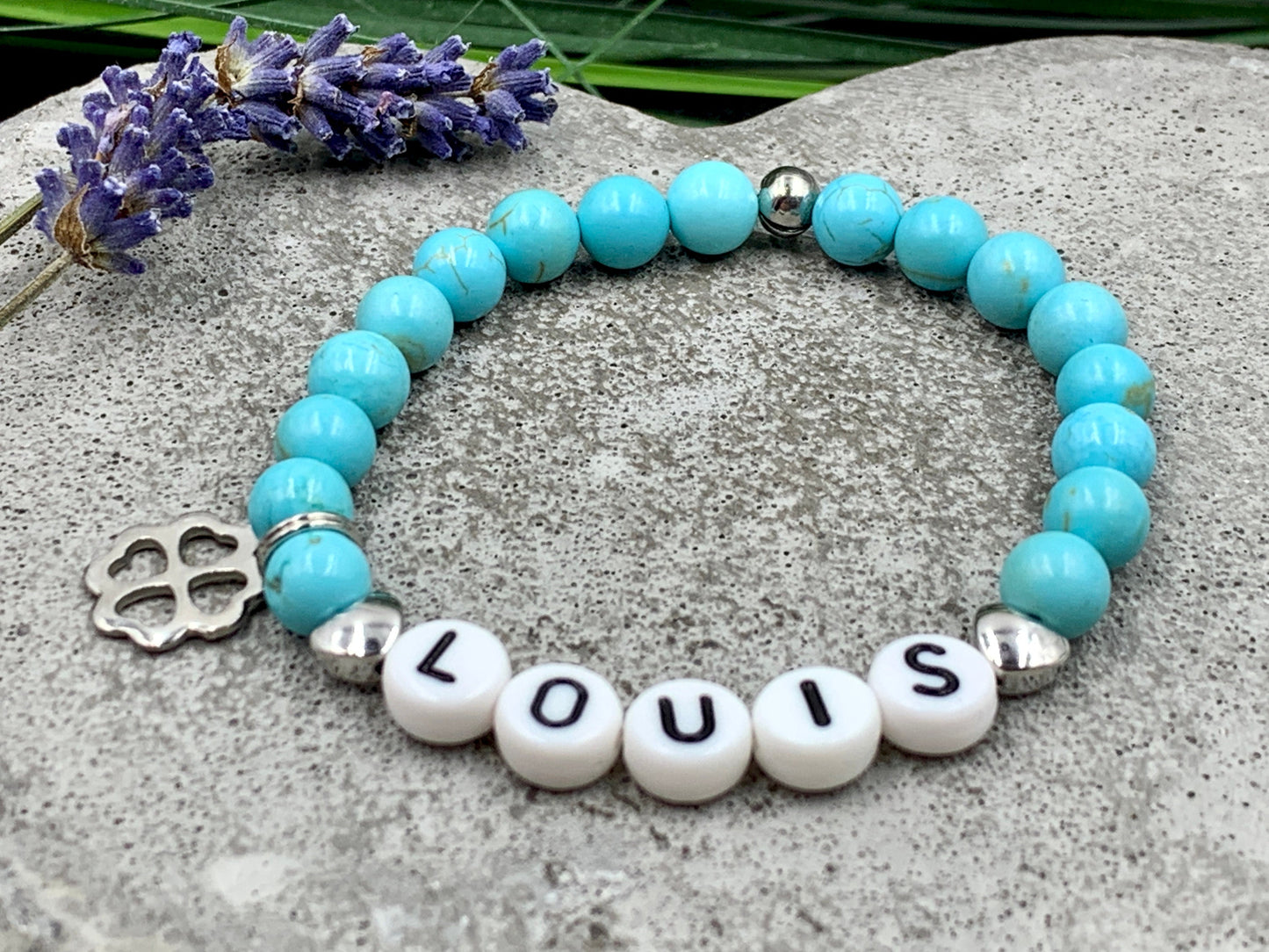 Armband Name Türkis Louis Herzperle platiniert - Namensarmband Geschenk Mama Liebe Mädchen Freundschaft - personalisierbar - div. Edelsteine
