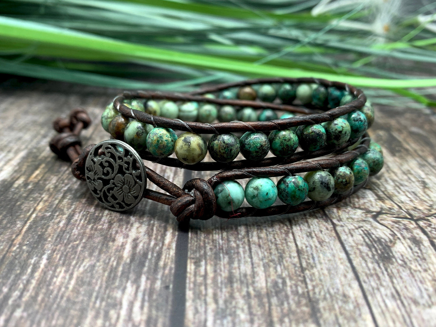 Wickelarmband Afrikanischer Türkis und Leder - gewickeltes Bohoarmband aus Natursteinen - Geschenk Mama Lieblingsmensch - Edelstein wählbar