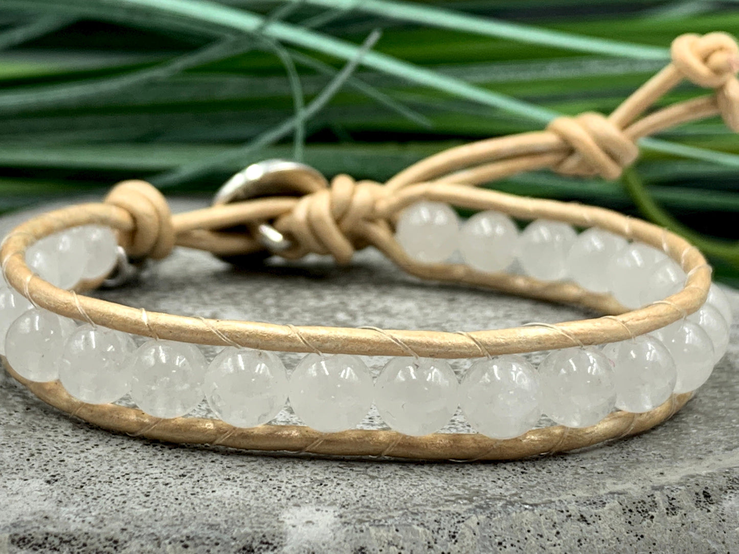 Wickelarmband Mondstein und Leder Vintage Stil - Bohoarmband Festivalstil- viele Edelsteine möglich - Geschenk Perlenarmband Damen Herren