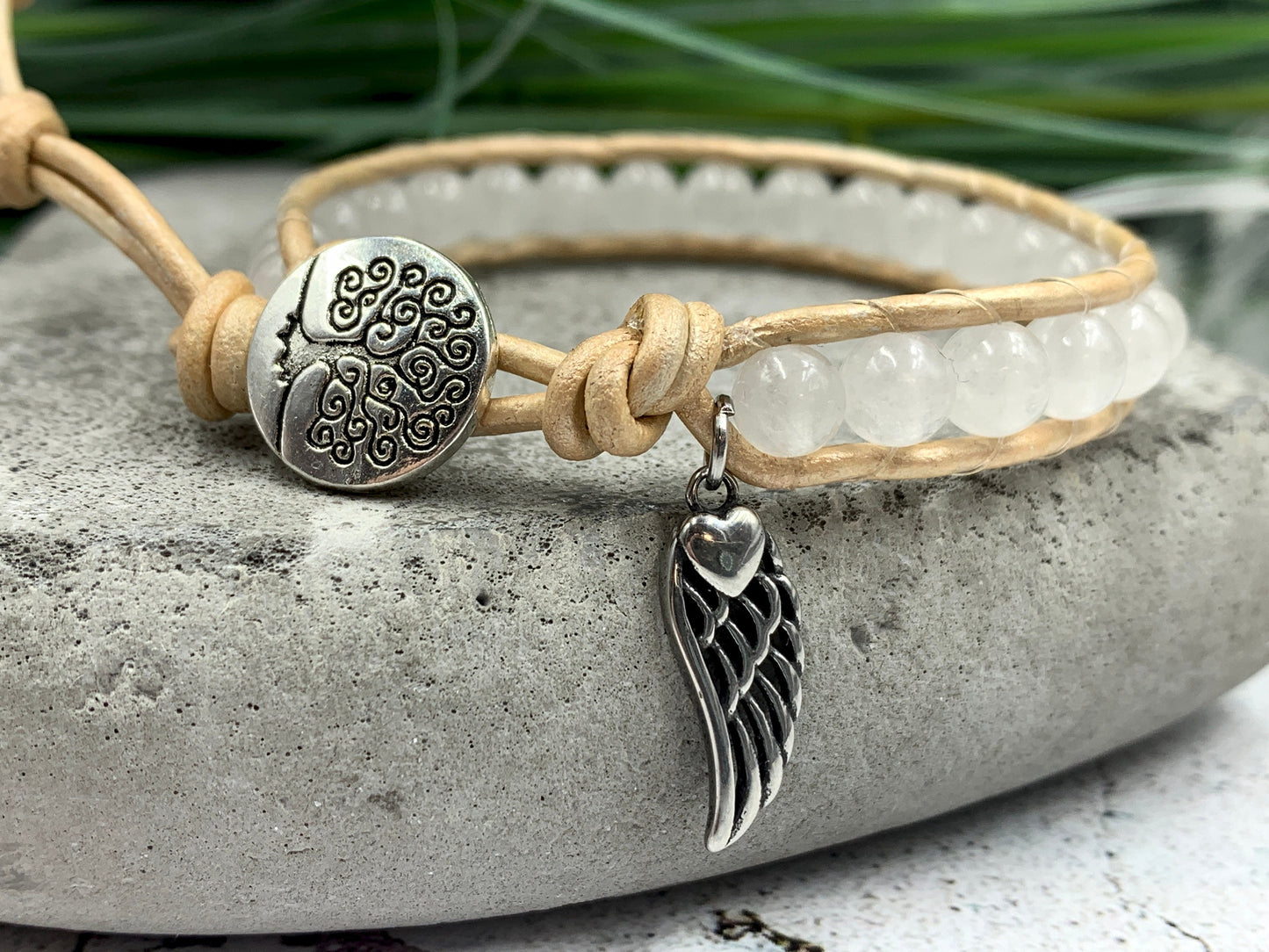 Wickelarmband Mondstein und Leder Vintage Stil - Bohoarmband Festivalstil- viele Edelsteine möglich - Geschenk Perlenarmband Damen Herren