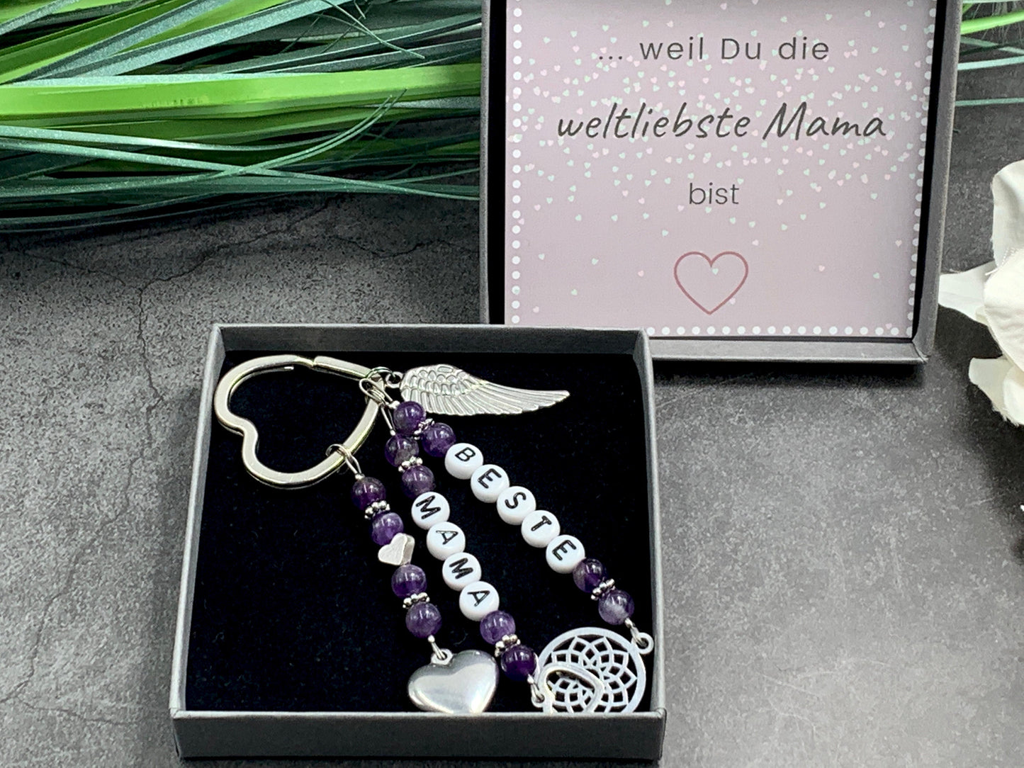 Schlüsselanhänger Beste Mama Amethyst echter Naturstein - Geschenk Mama Tante Oma Geburt Liebe - viele Edelsteine - personalisierbar
