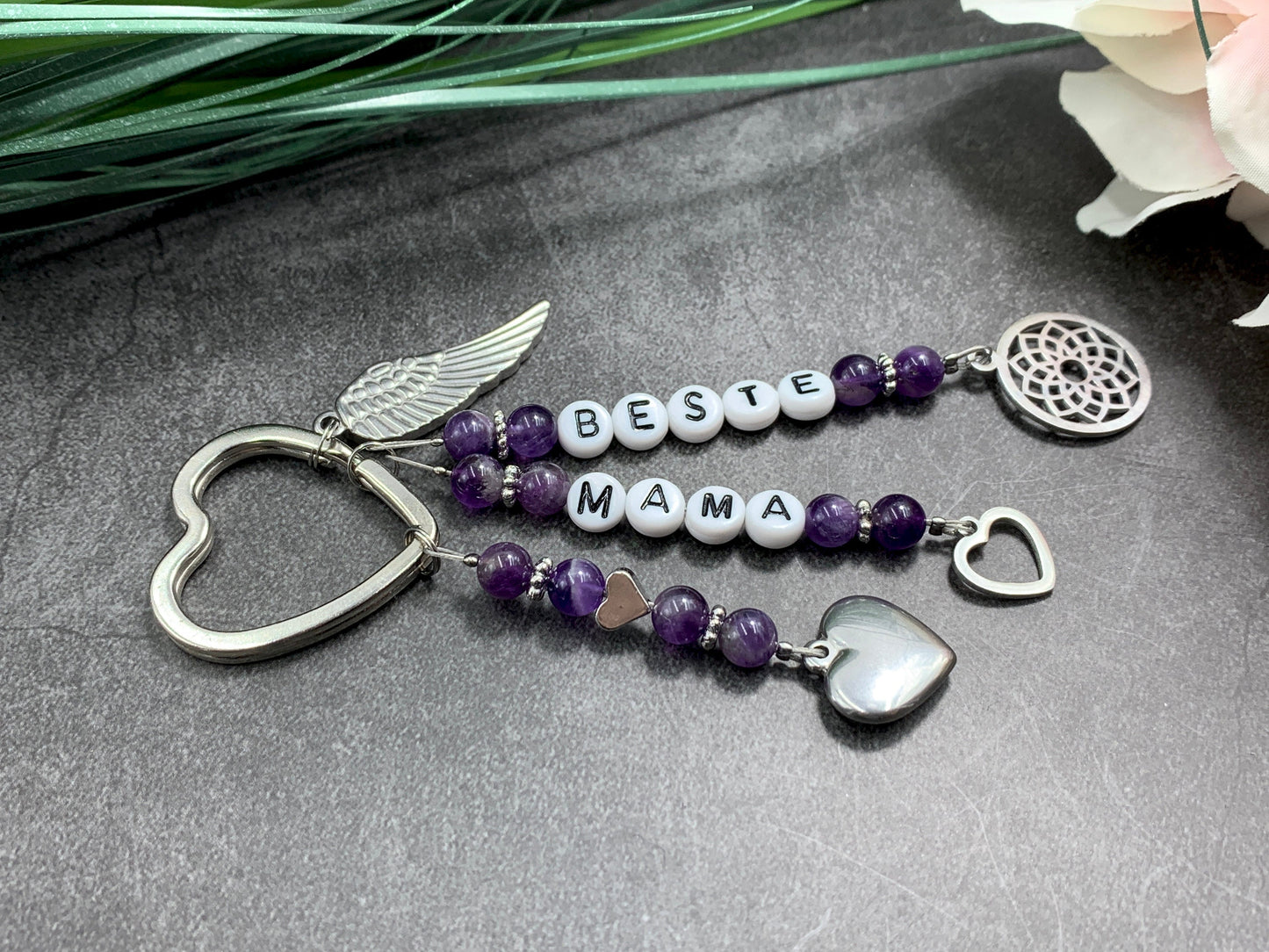 Schlüsselanhänger Beste Mama Amethyst echter Naturstein - Geschenk Mama Tante Oma Geburt Liebe - viele Edelsteine - personalisierbar