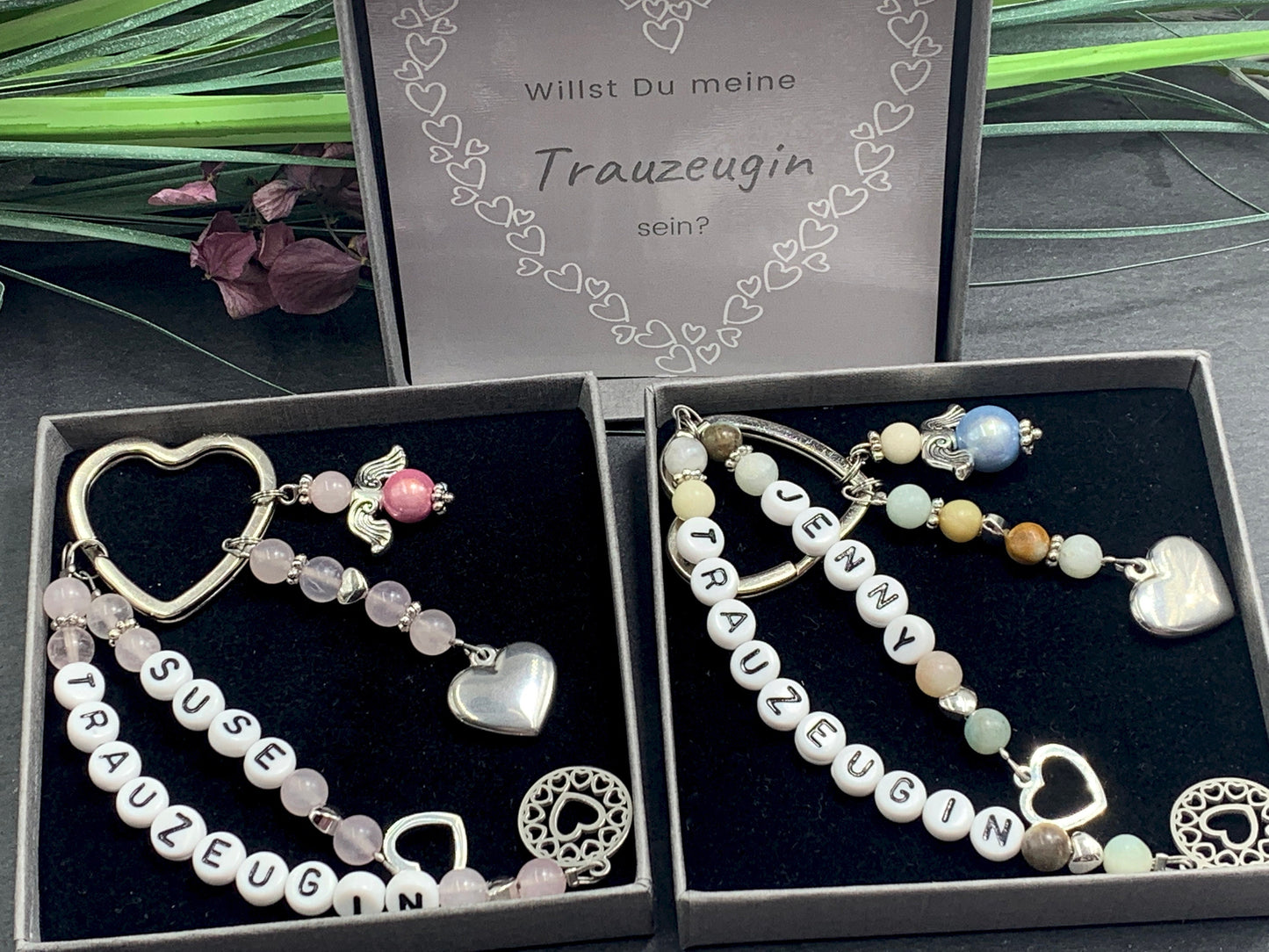 Schlüsselanhänger Trauzeugin und Name Amazonit Herzen Platiniert  - Geschenk Brautjungfer Team Braut - Edelstein wählbar - personalisierbar
