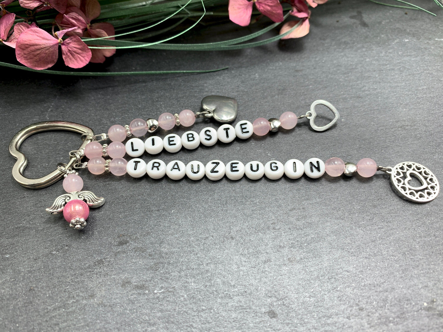 Schlüsselanhänger Liebste Trauzeugin Rosenquarz Herzen Platiniert  - Geschenk Brautjungfer Team Braut - Edelstein wählbar - personalisierbar