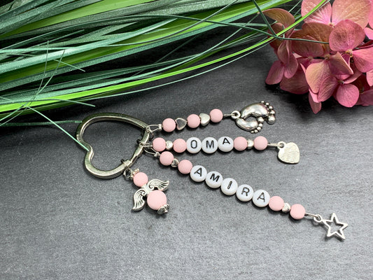 Schlüsselanhänger Oma Name Perlen Acryl Rosa - Geschenk Mutter Großmutter Geburt Liebe - personalisierbar - echte Edelsteine möglich