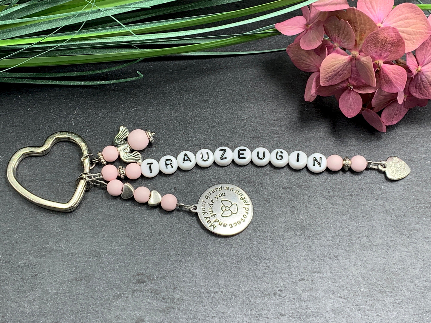 Schlüsselanhänger Trauzeugin Rosa Acryl - Geschenk Frage Trauzeugin Brautjungfer Team Braut JGA - viele eben - Edelsteine möglich
