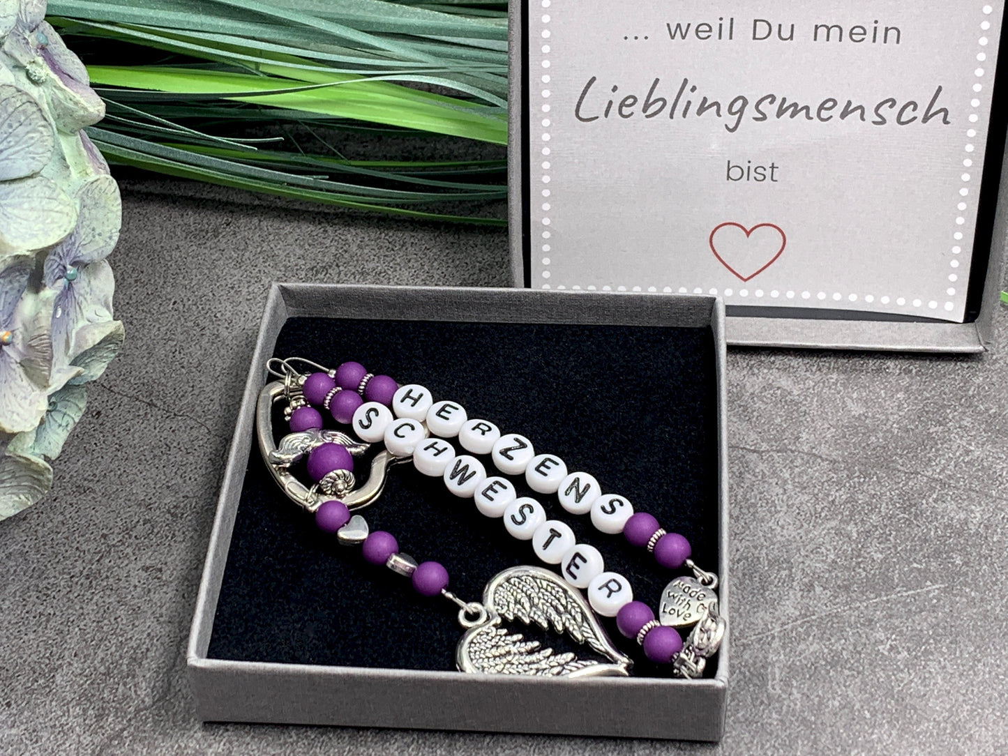 Schlüsselanhänger Herzensschwester - Perlen Acryl Purple - Geschenk Lieblingsmensch beste Freundin - personalisierbar - Edelsteine möglich
