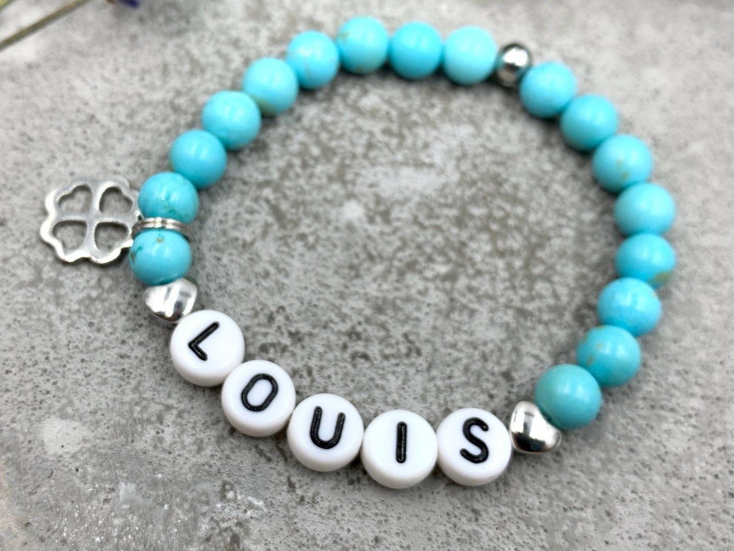 Armband Name Türkis Louis Herzperle platiniert - Namensarmband Geschenk Mama Liebe Mädchen Freundschaft - personalisierbar - div. Edelsteine