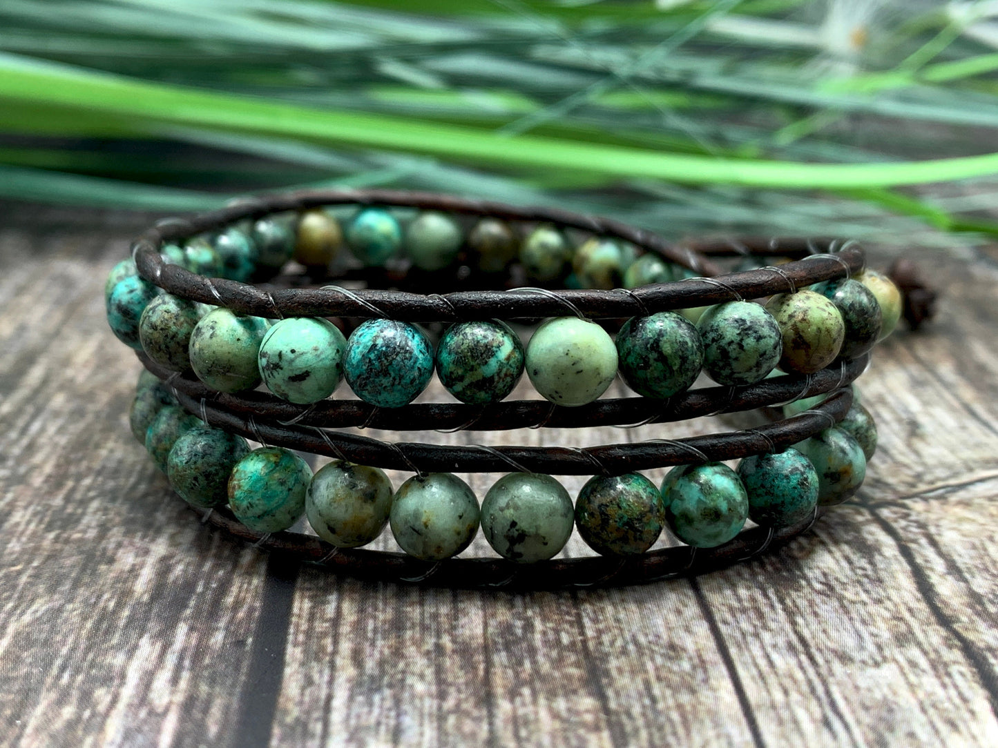 Wickelarmband Afrikanischer Türkis und Leder - gewickeltes Bohoarmband aus Natursteinen - Geschenk Mama Lieblingsmensch - Edelstein wählbar