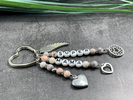 Schlüsselanhänger Super Mama Zebra Jaspis echte Natursteine - Geschenk Mama Tante Oma Geburt Liebe - viele Edelsteine - personalisierbar