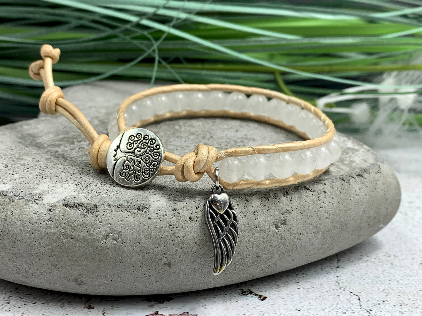 Wickelarmband Mondstein und Leder Vintage Stil - Bohoarmband Festivalstil- viele Edelsteine möglich - Geschenk Perlenarmband Damen Herren