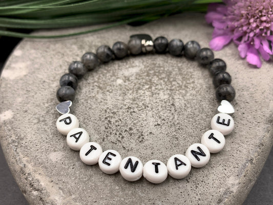 Armband Patentante Labradorit mit Hämatitherzen - Geschenk Frage Patenschaft Taufandenken- viele Edelsteine - personalisierbar