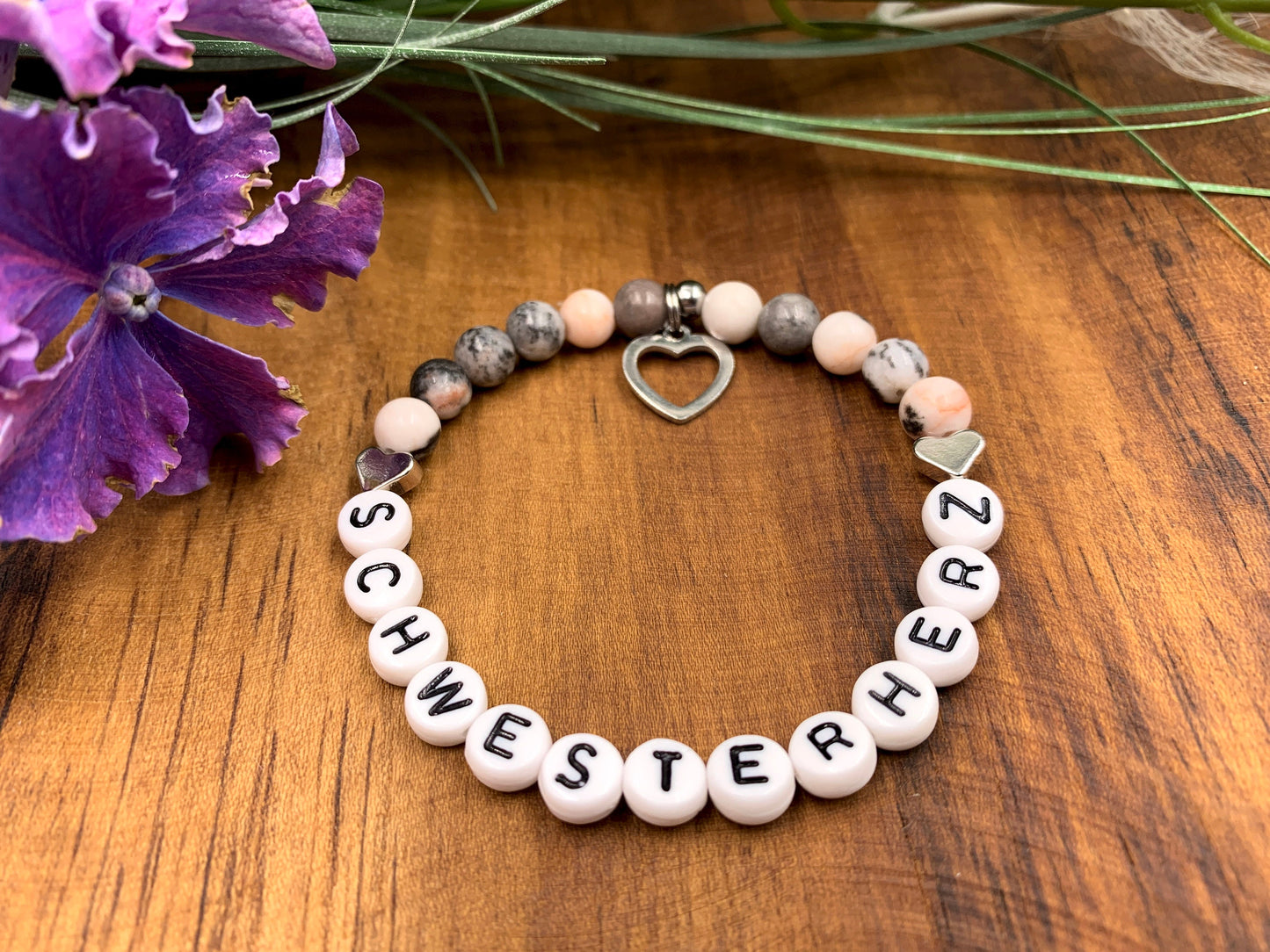 Armband Zebra Jaspis Schwesterherz Herzperlen Platiniert - Geschenk Kleine Schwester Großer Bruder Bruderherz- diverse Edelsteine