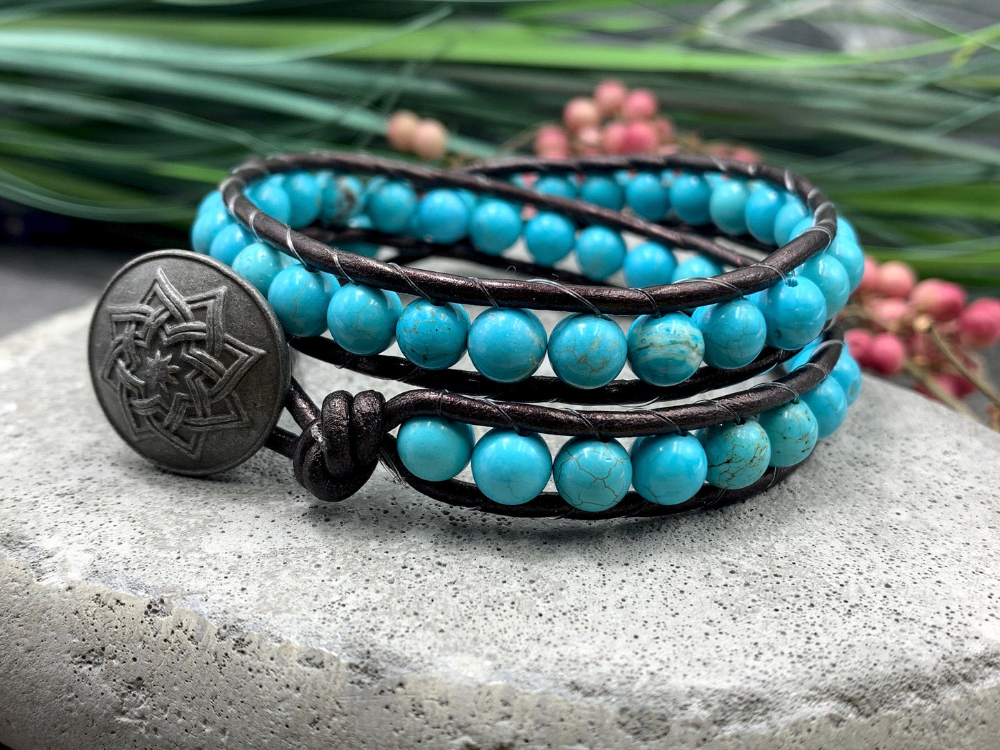 Wickelarmband Türkise und Leder -  Perlenarrmband gewickelt im Bohostil - Geschenk Liebe Freundin Geburtstag - Edelstein wählbar