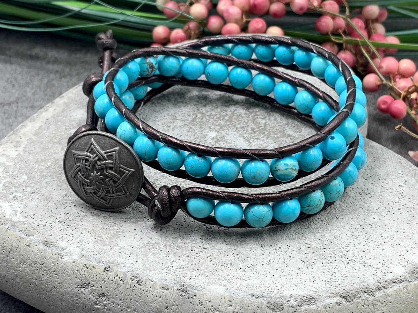 Wickelarmband Türkise und Leder -  Perlenarrmband gewickelt im Bohostil - Geschenk Liebe Freundin Geburtstag - Edelstein wählbar