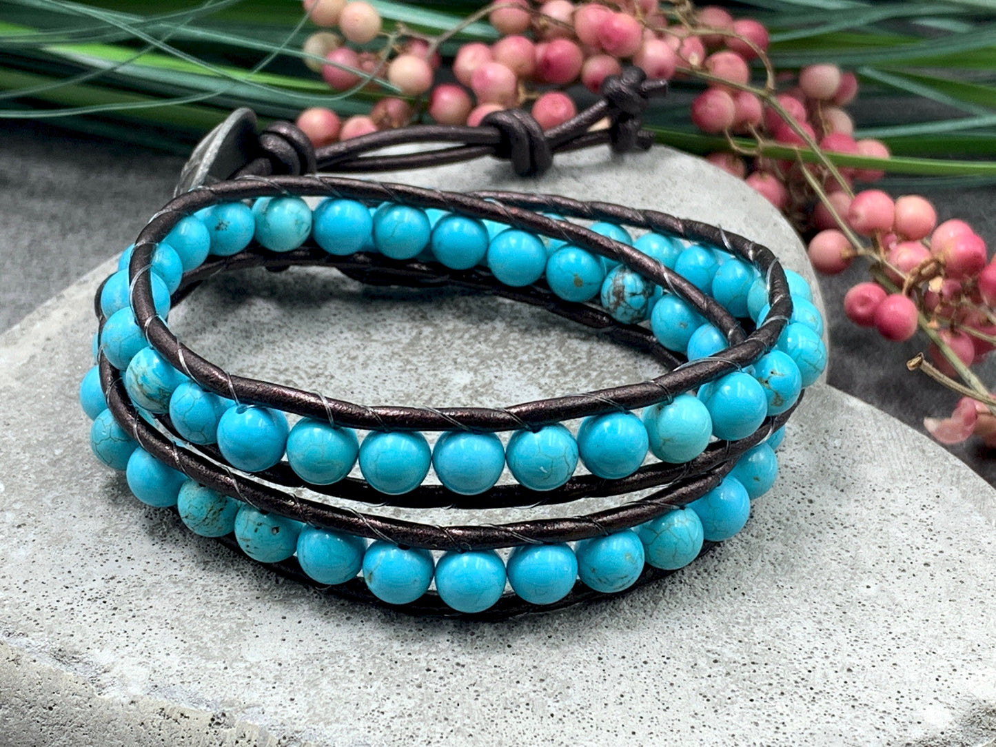 Wickelarmband Türkise und Leder -  Perlenarrmband gewickelt im Bohostil - Geschenk Liebe Freundin Geburtstag - Edelstein wählbar