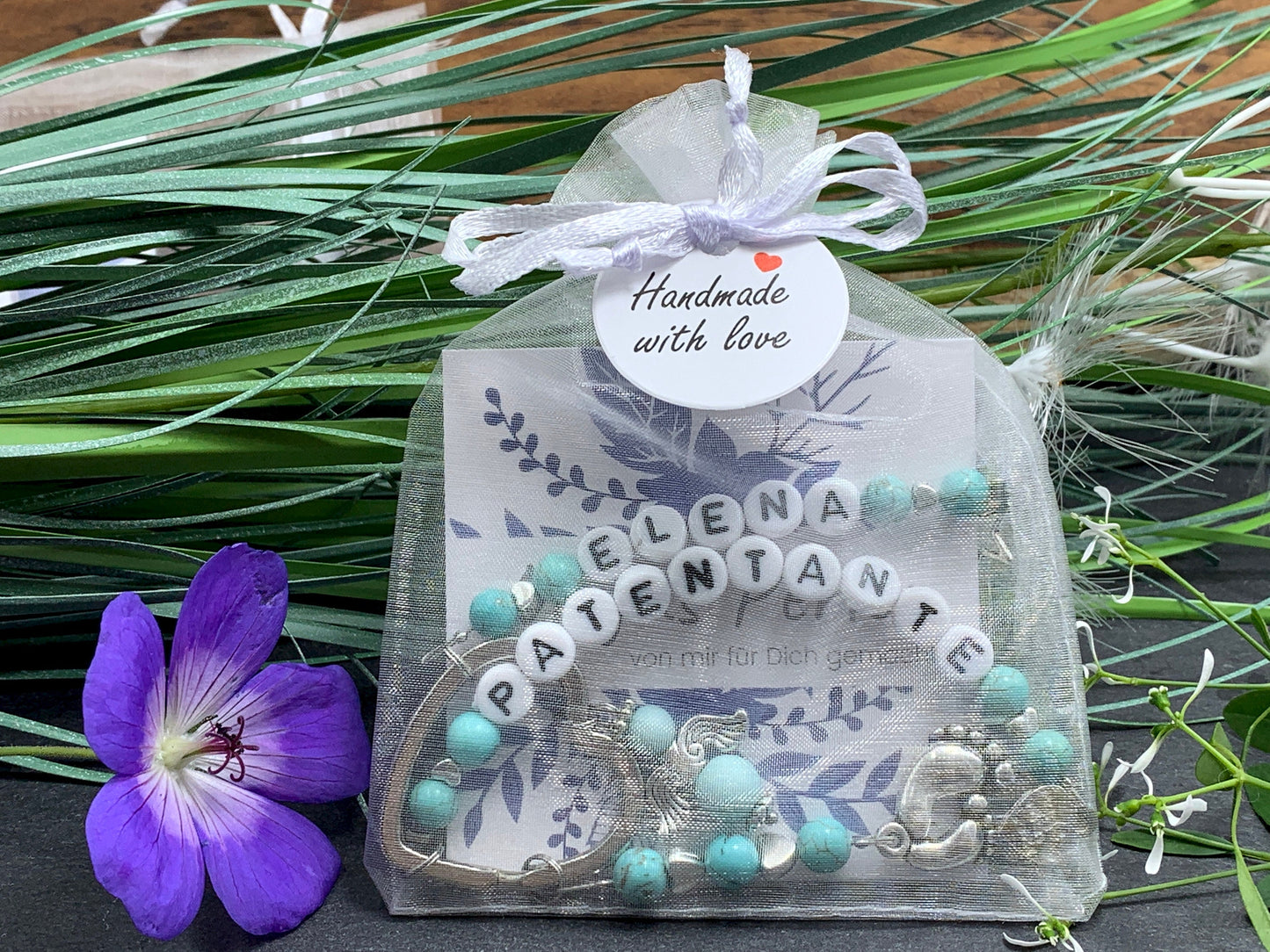 Schlüsselanhänger Patentante Grau - Acrylperlen oder Edelsteine - personalisierbar - Geschenk für Pate Taufgeschenk Patin - Wunschfarbe