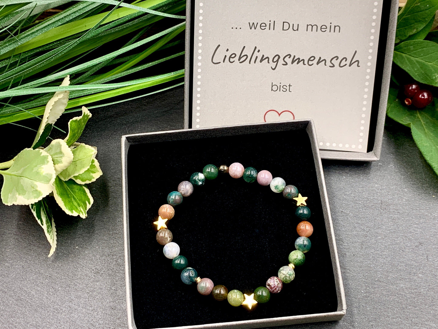 Armband Indischer Achat Sterne vergoldet - Perlenarmband Natursteine echt - Geschenk Lieblingsmensch  beste Freundin - anpassbar