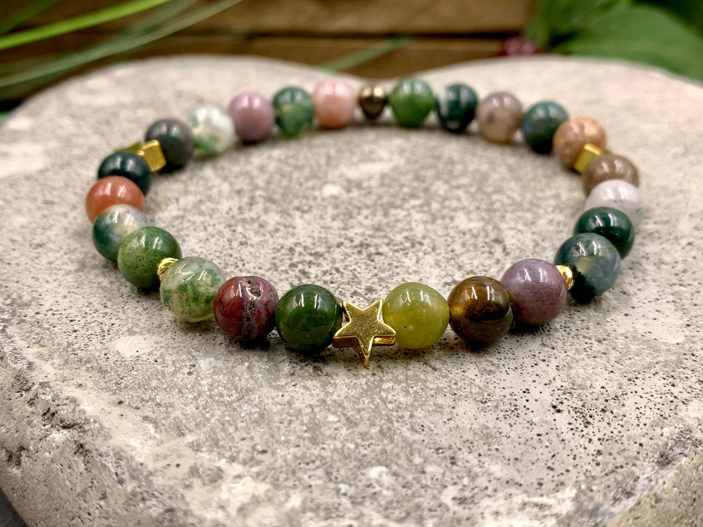 Armband Indischer Achat Sterne vergoldet - Perlenarmband Natursteine echt - Geschenk Lieblingsmensch  beste Freundin - anpassbar