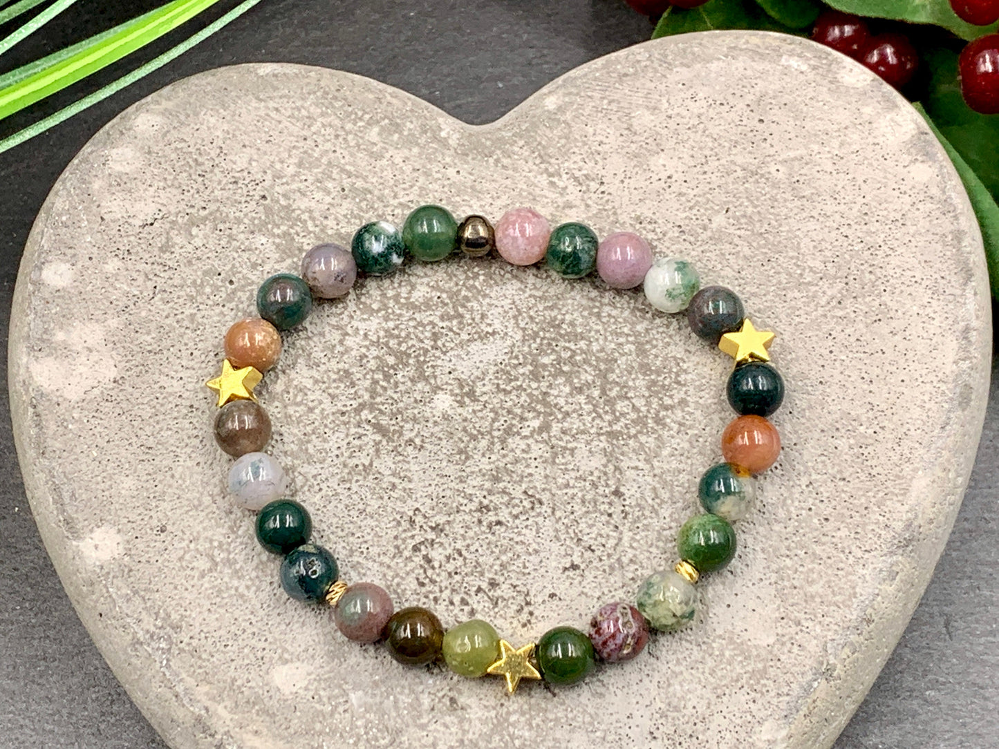 Armband Indischer Achat Sterne vergoldet - Perlenarmband Natursteine echt - Geschenk Lieblingsmensch  beste Freundin - anpassbar