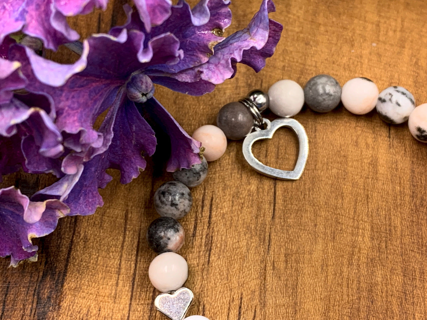 Armband Zebra Jaspis Schwesterherz Herzperlen Platiniert - Geschenk Kleine Schwester Großer Bruder Bruderherz- diverse Edelsteine