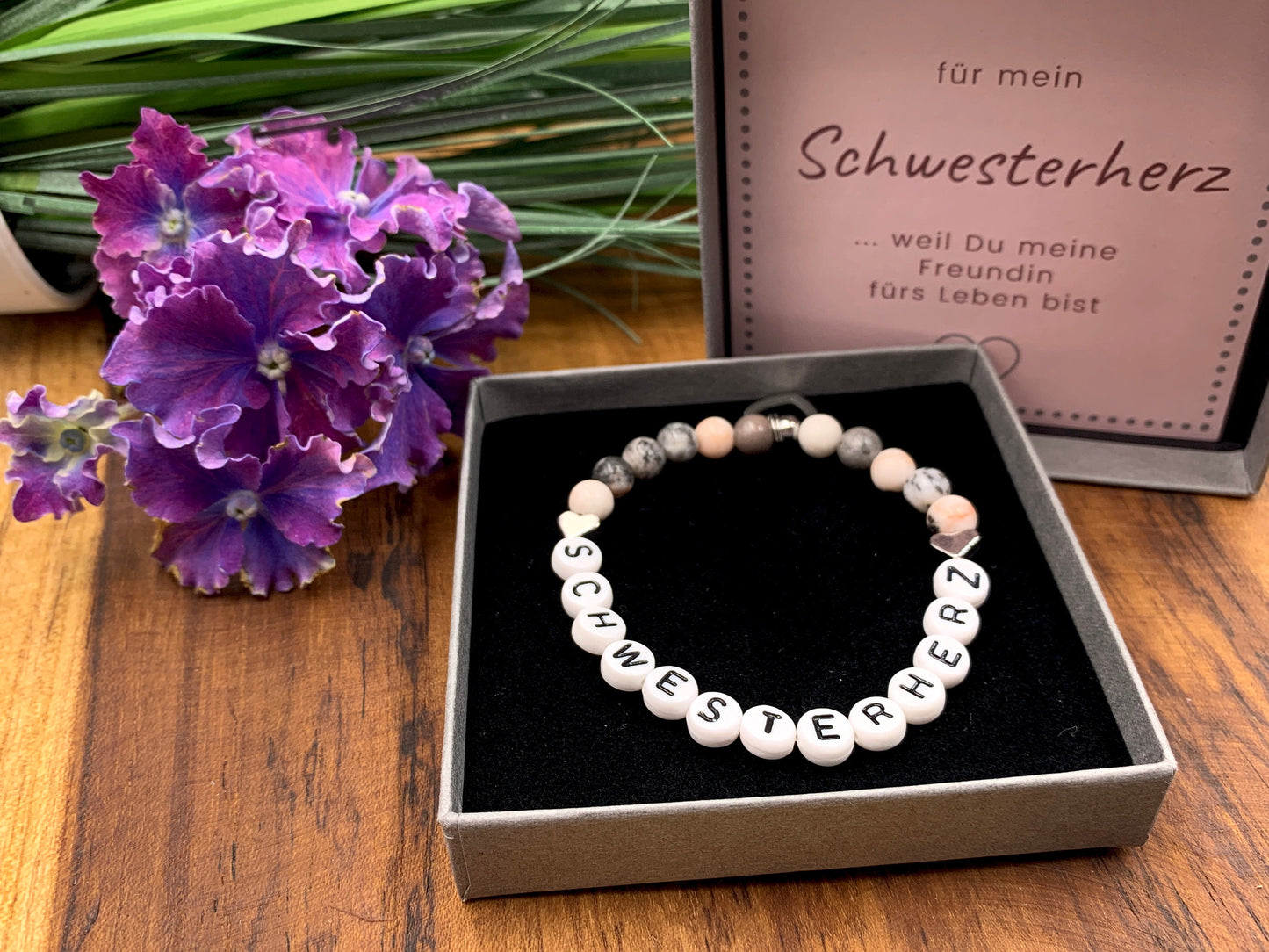 Armband Zebra Jaspis Schwesterherz Herzperlen Platiniert - Geschenk Kleine Schwester Großer Bruder Bruderherz- diverse Edelsteine
