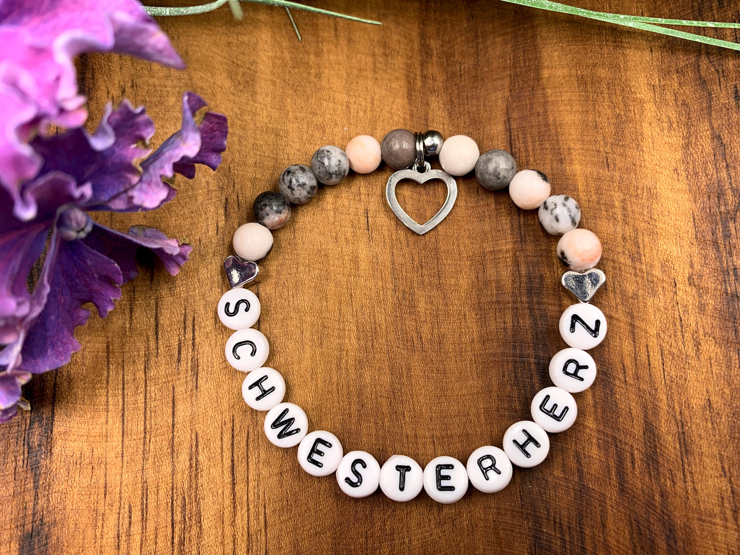 Armband Zebra Jaspis Schwesterherz Herzperlen Platiniert - Geschenk Kleine Schwester Großer Bruder Bruderherz- diverse Edelsteine