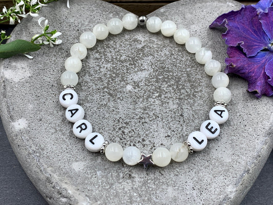Perlenarmband Mondstein - Kindernamen - Stern echt Platiniert - Geschenk für Mama Oma Patin - Turmalin Rhodonit Apatit uvm. - alle Größen