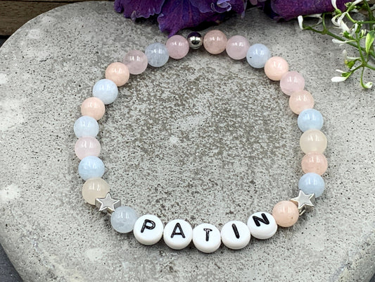 Armband Patin Morganit platinierte Sterne Wunschedelstein Mondstein Turmalin uvm - Taufgeschenk Patentante fragen - personalisierbar