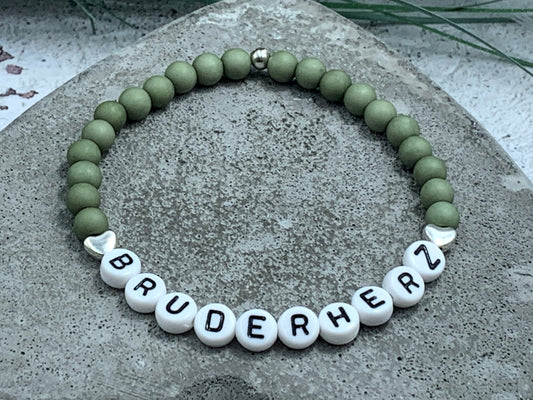 Armband Bruderherz Oliv Acryl mit Herz - Perlenarmband Schwesterherz Geschenk Großer Bruder Kleiner Bruder - viele Farben - personalisierbar