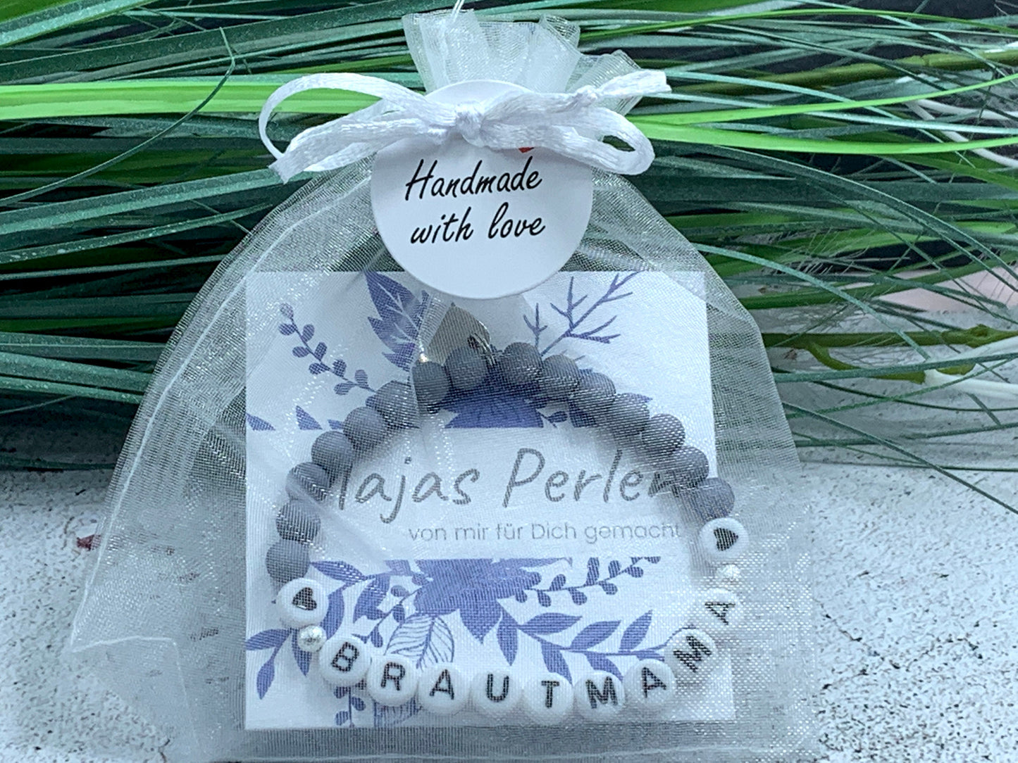 Armband Brautmama Grau Perlen Acryl 6 mm - Geschenk Brautmutter JGA Team Braut Andenken an Hochzeit - viele Farben