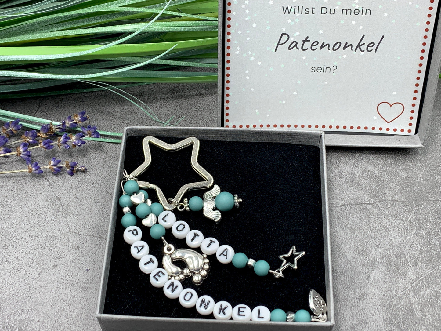 Schlüsselanhänger Patenonkel Acryl Dunkeltürkis -  Geschenk Frage Patenschaft Taufpate Andenken Taufe - Edelsteine möglich - pesonalisierbar