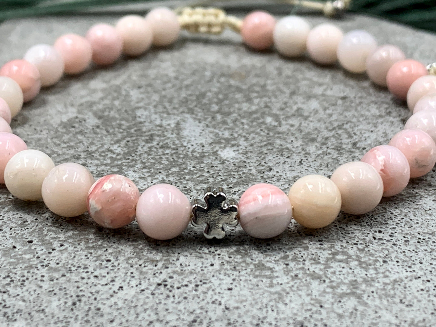 Armband Opal Rosa Makramee - Glückskleeperle echt Platiniert - Perlenarmband Naturstein echt - personalisierbar - viele Edelsteine