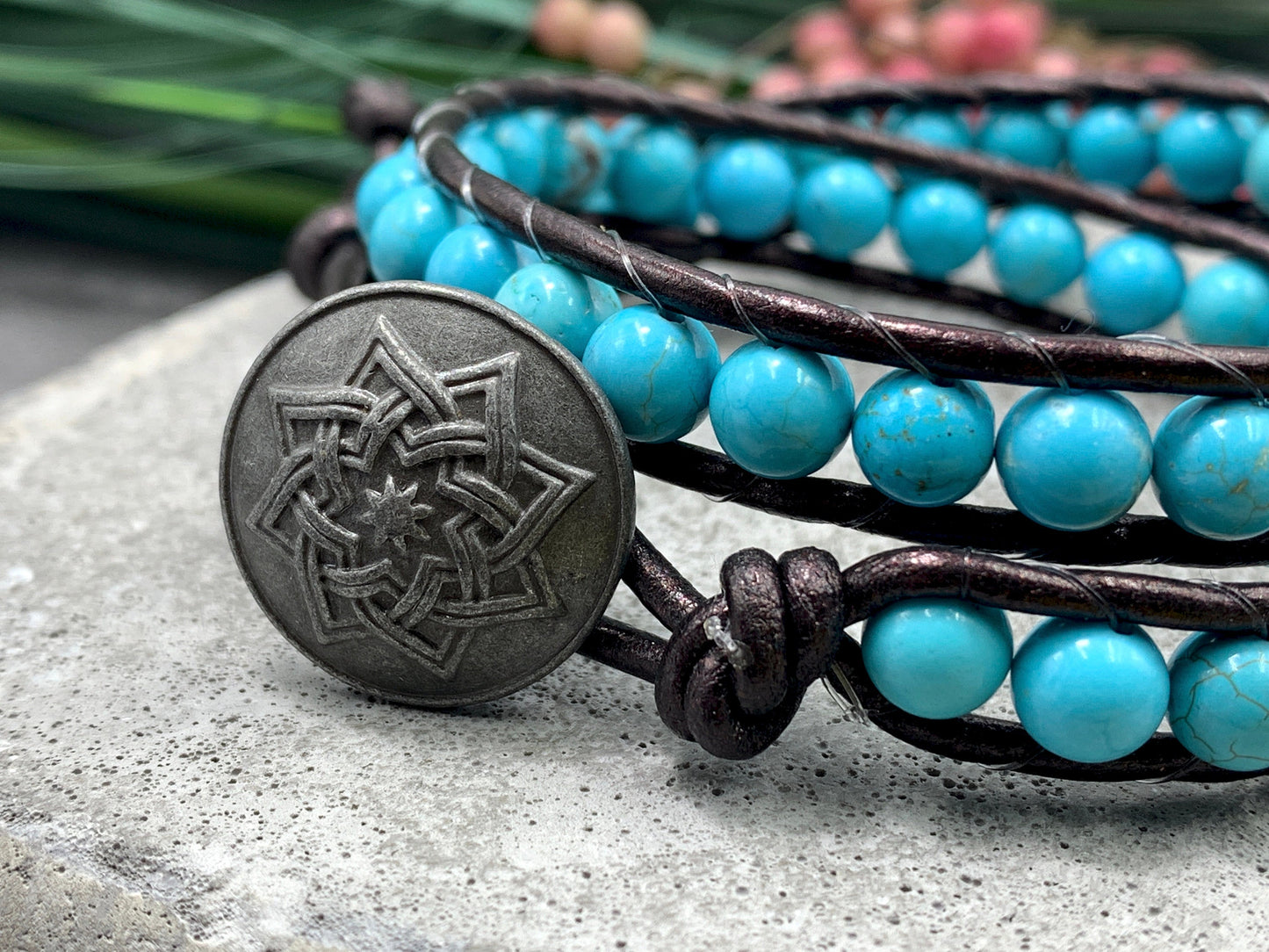 Wickelarmband Türkise und Leder -  Perlenarrmband gewickelt im Bohostil - Geschenk Liebe Freundin Geburtstag - Edelstein wählbar