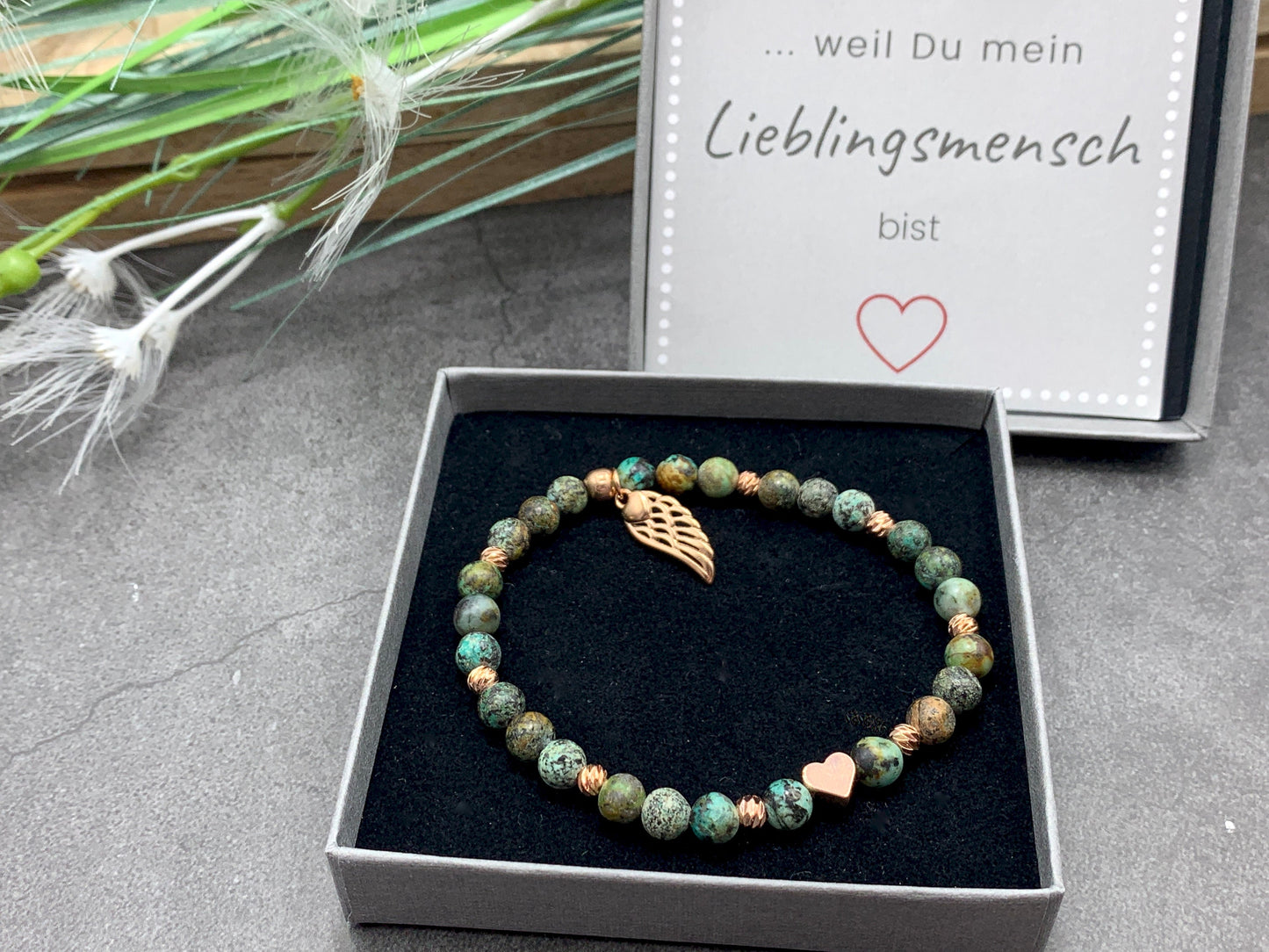 Armband Afrikanischer Türkis Herz Roségold - Perlenarmband Naturstein echt - Geschenk Mama Liebe Lieblingsmensch - personalisierbar