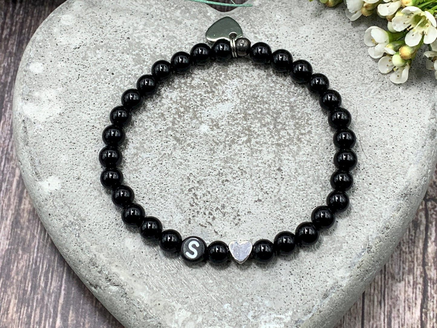 Armband Apatit mit Namen echte Naturperlen Herz platiniert - Namensarmband Geschenk Mama Geburt Freundin Lieblingsmensch - personalisierbar