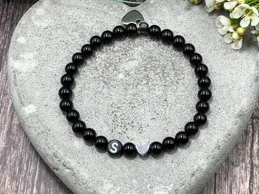 Armband Initialen Turmalin echt Naturperlen Herz Platiniert - Namensarmband Geschenk Mama Geburt Freundin Lieblingsmensch - personalisierbar