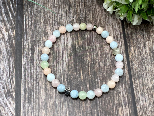 Armband Morganit echter Naturstein - Glückskleeperle echt Platiniert - Glücksarmband Geschenk Freundschaft Mama Liebe - personalisierbar