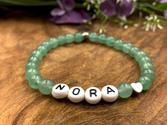 Armband Aventurin Name Nora Herz platiniert - Geschenk Geburt Namensarmband Lieblingsmensch - Wunschedelstein wählbar personalisierbar