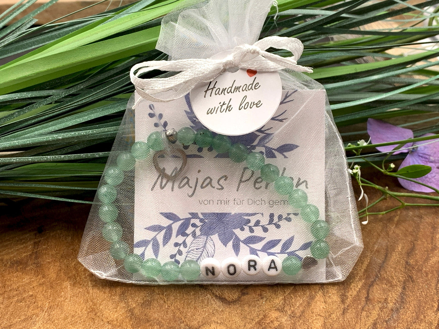 Armband Aventurin Name Nora Herz platiniert - Geschenk Geburt Namensarmband Lieblingsmensch - Wunschedelstein wählbar personalisierbar