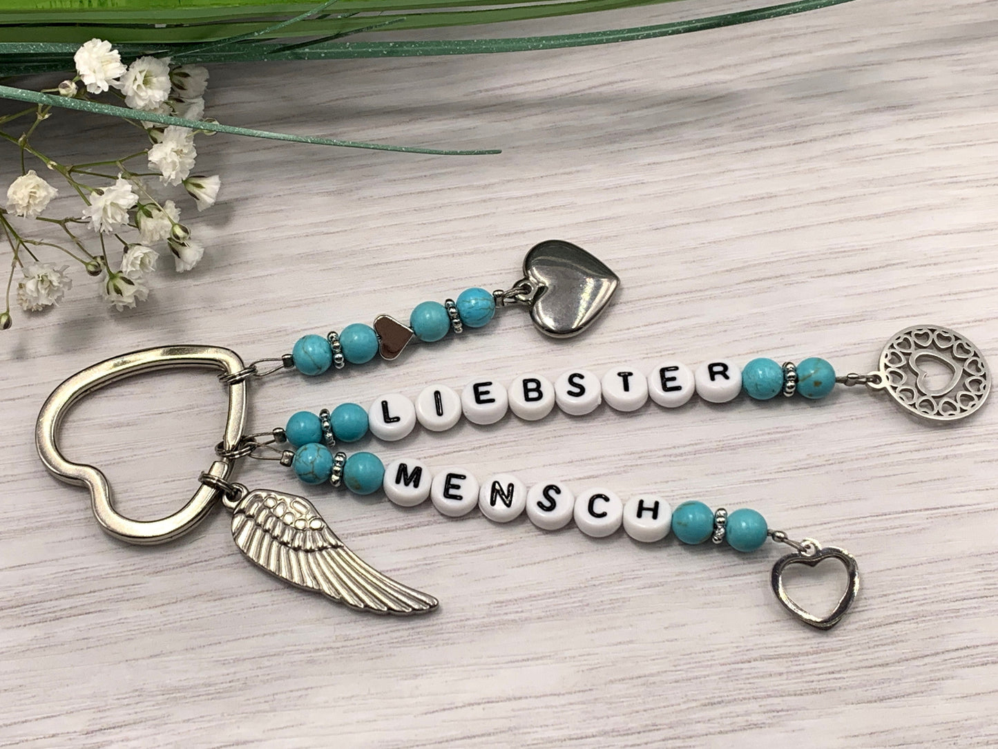 Schlüsselanhänger Liebster Mensch Türkis echte Edelsteine -  Geschenk Lieblingsmnsch Herzensmensch Seelenschwester - personalisierbar