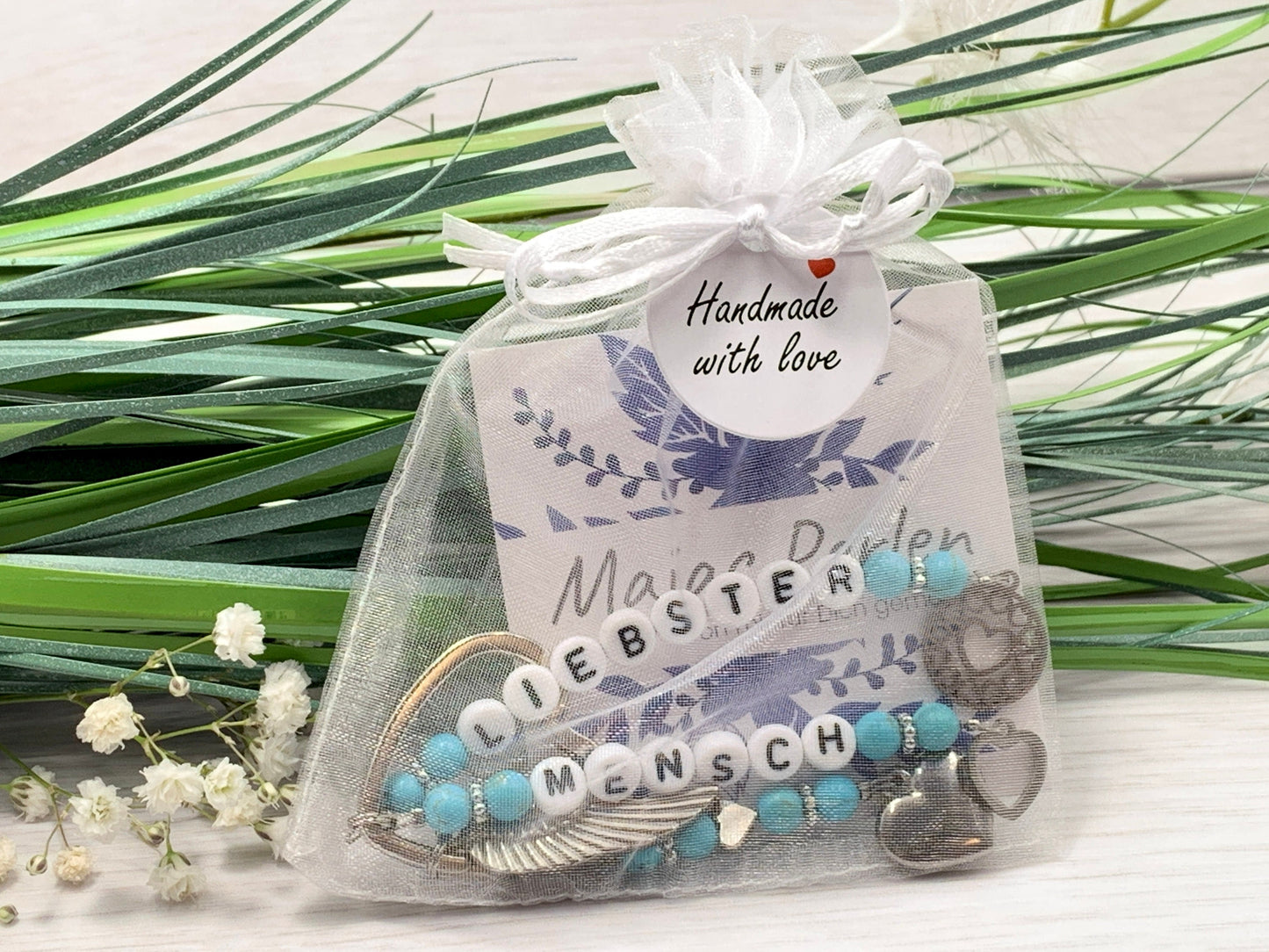 Schlüsselanhänger Liebster Mensch Türkis echte Edelsteine -  Geschenk Lieblingsmnsch Herzensmensch Seelenschwester - personalisierbar