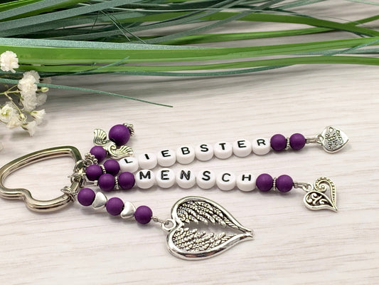 Schlüsselanhänger Liebster Mensch Perlen Acryl Purple - Geschenk Liebe Herzensmensch beste Freundin - personalisierbar - Edelsteine möglich
