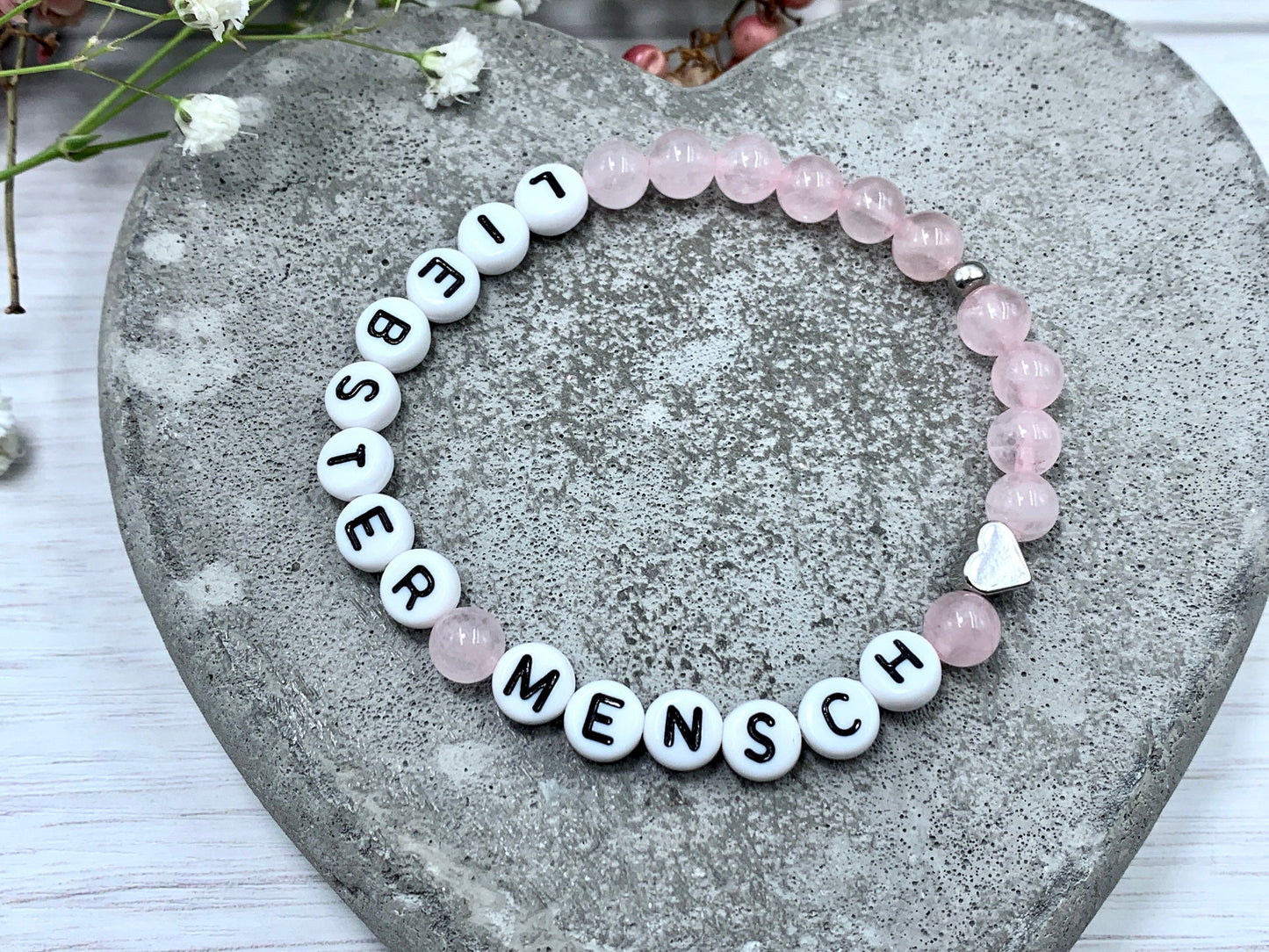 Armband Rosenquarz liebster Mensch - Herz echt platiniert - Geschenk Lieblingsmensch Liebe - Perlenarmband mit Namen - viele Edelsteine