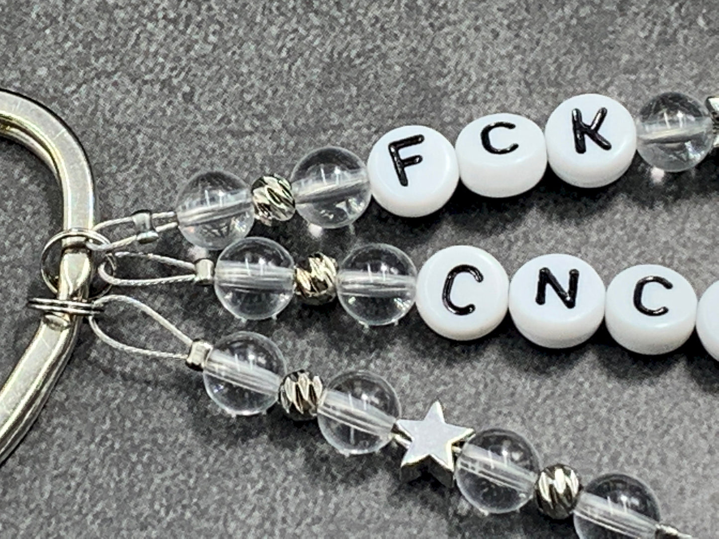 Schlüsselanhänger Fuck Cancer Bergkristall Perlen echt Platiniert Edelstahl - Geschenk Aufmunterung Glücksbringer - personalsierbar