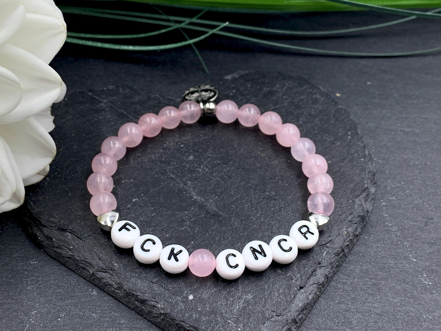 Armband Fuck Cancer Rosenquarz Herz Platiniert - Geschenk Aufmunterung Diagnose Krebs - Genesungswunsch - viele Edelsteine personalisierbar