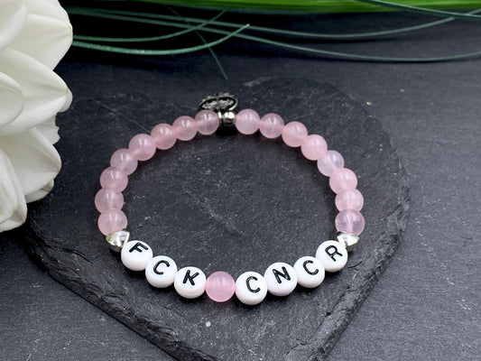 Armband Fuck Cancer Rosenquarz Herz Platiniert - Geschenk Aufmunterung Diagnose Krebs - Genesungswunsch - viele Edelsteine personalisierbar