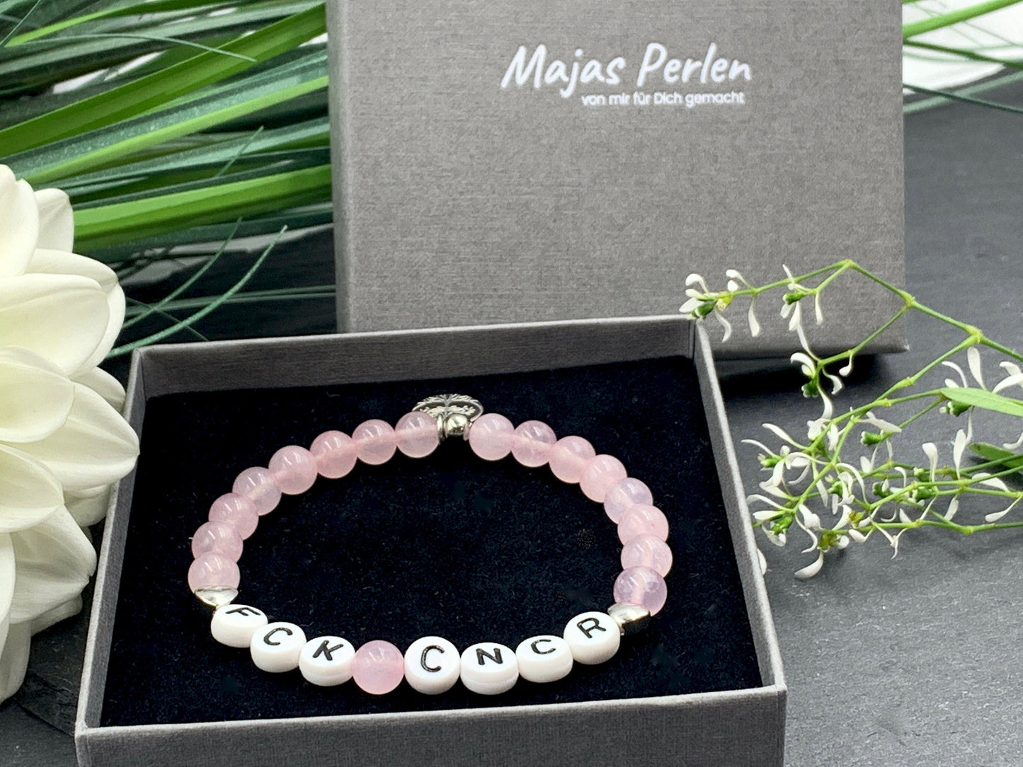 Armband Fuck Cancer Rosenquarz Herz Platiniert - Geschenk Aufmunterung Diagnose Krebs - Genesungswunsch - viele Edelsteine personalisierbar